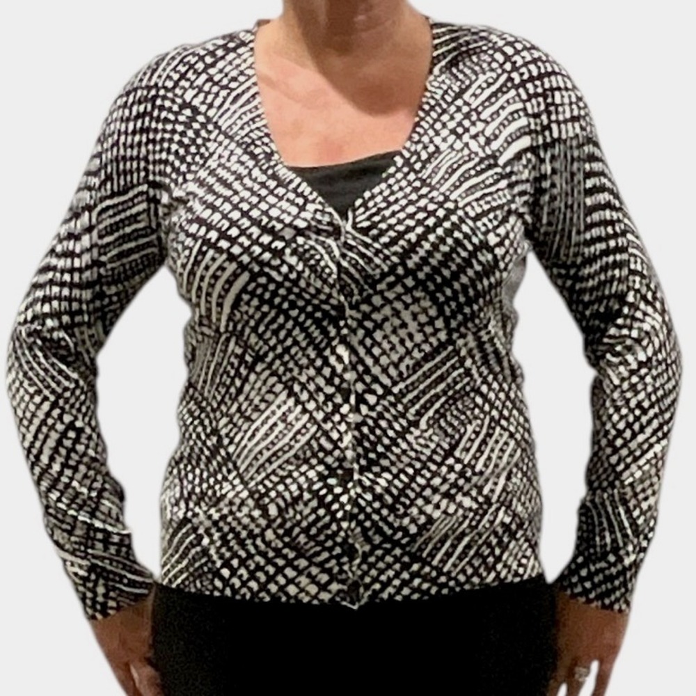 Talbots Women's Black and White‎ Print Button Front Cardigan Sweater